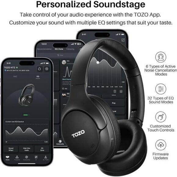 TOZO HT2 Noise Cancelling Headphones Wireless Bluetooth Over Ear Hi Res Audio - Picture 6 of 7